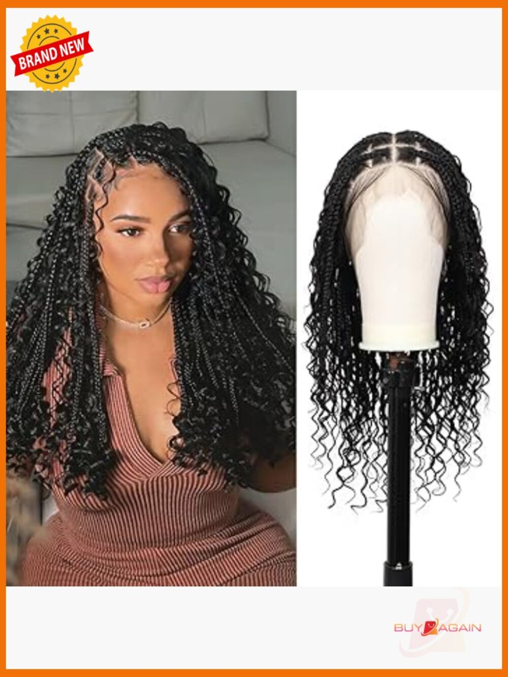 Knotless Box Braided Wig 360 Full Lace Human Hair Boho Curls 22 Inch